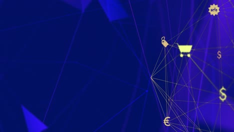 animation of connected cart, sale, price tag and currency icons forming globe on blue background
