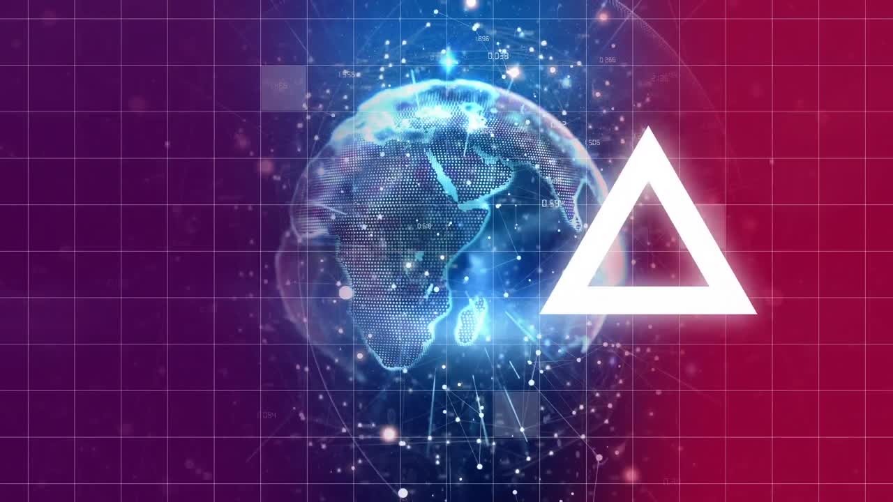 Digital earth turning on a purple grid background with triangle animated on the foreground