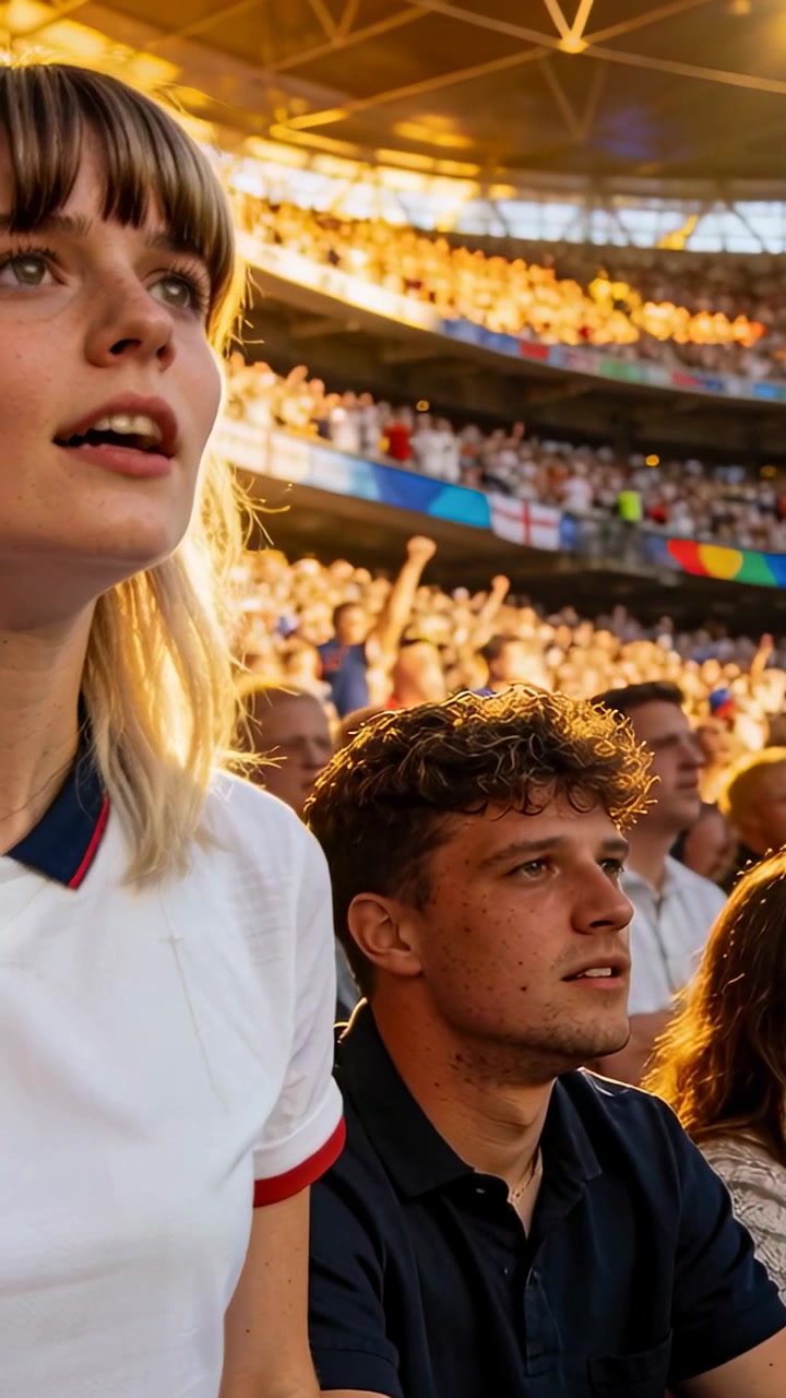 Vertical video: Shouting then watching, woman and man reacting to play in stadium, wearing polos