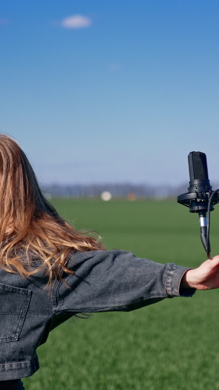 Attractive woman performing on green field background. Beautiful girl in denim suit singing in a microphone and looking at camera outdoors. Vertical video