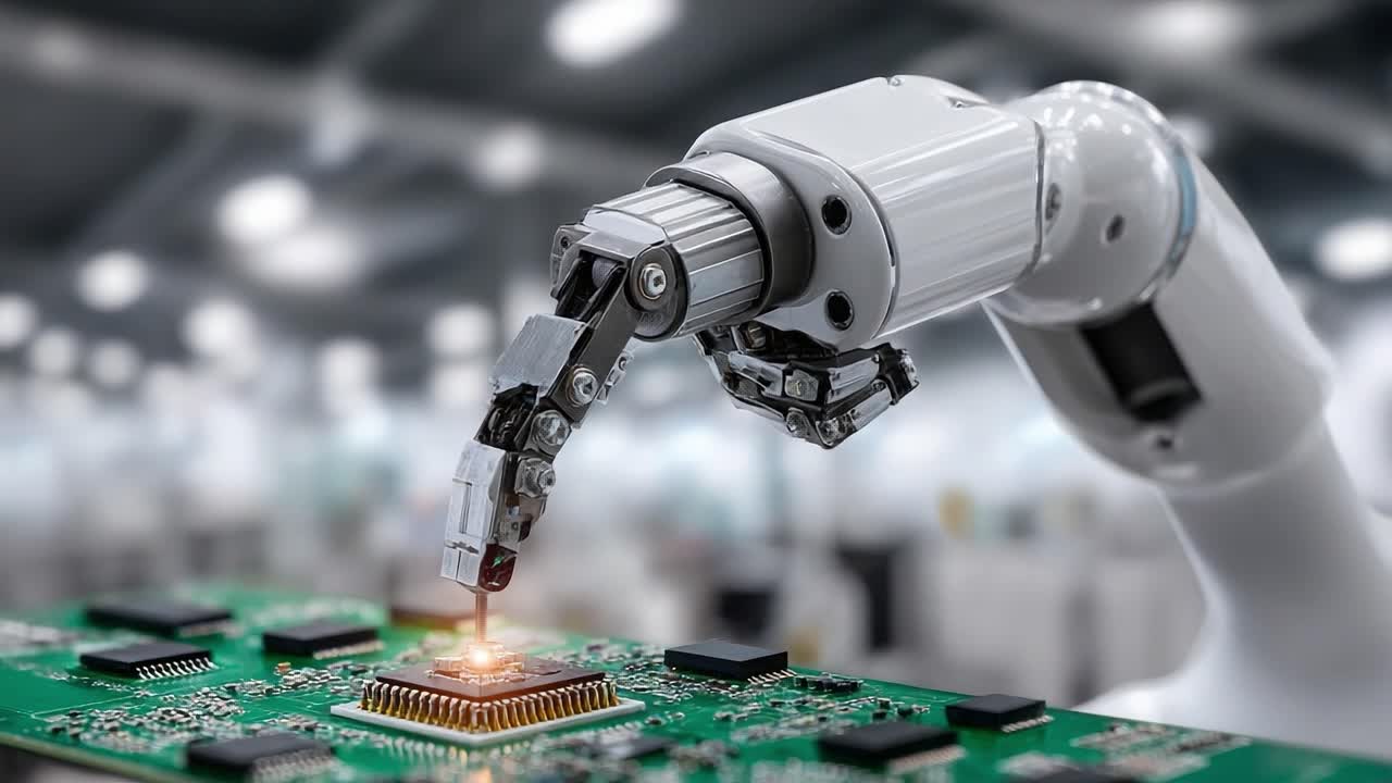 Advanced Robotic Arm Assembling Microchips on a Circuit Board in a High-Tech Manufacturing Environment, Showcasing Precision and Automation Technologies