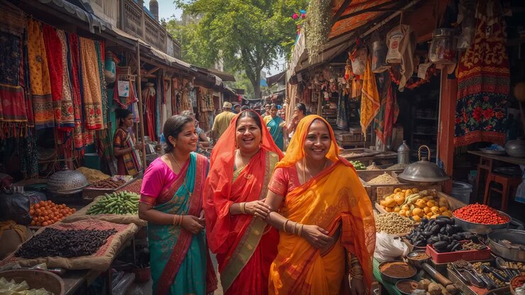 Trois femmes en saris, bras dessus, bras dessous, se dirigeant vers un bazar où l’on trouve des textiles et des produits.
