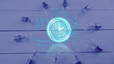 animación del reloj moviéndose rápidamente sobre el globo con números sobre bombillas