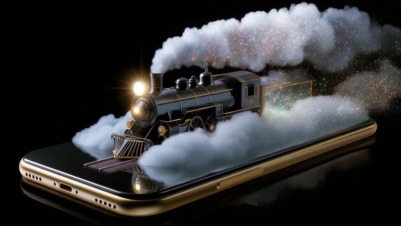 A Stunning Visual Transformation of a Classic Steam Train Coming to Life from a Smartphone, Featuring Exquisite Details and a Magical Cloud of Galactic Stars and Steam Emitting from Its Engine
