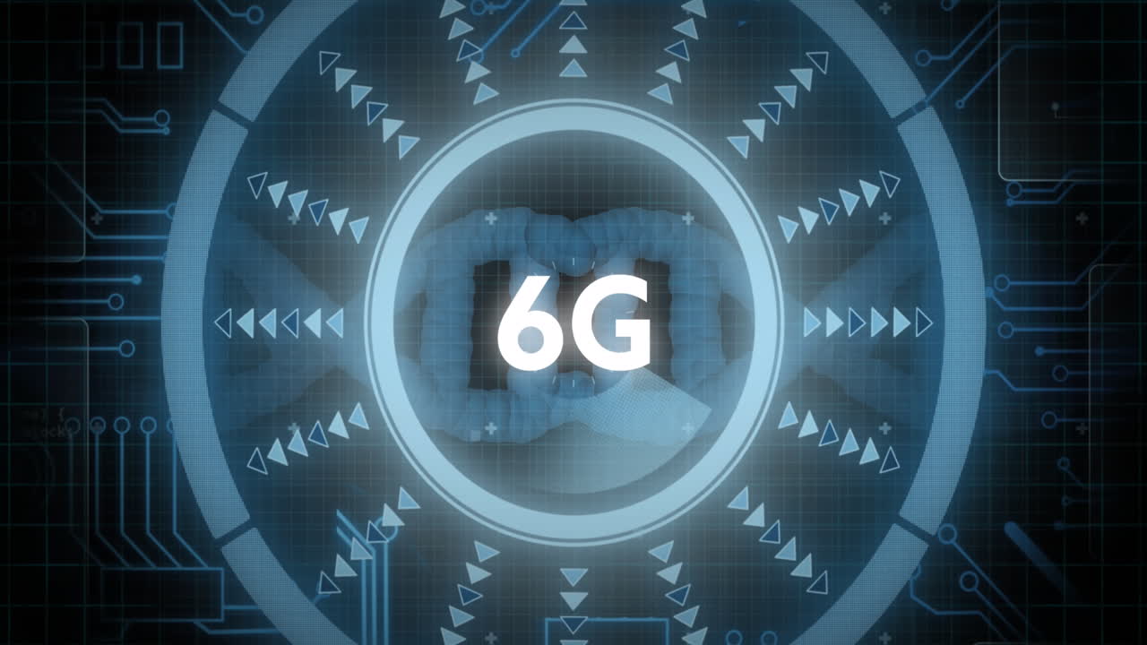 animación de una cadena de adn giratoria que cae y texto de 6g sobre un fondo oscuro.