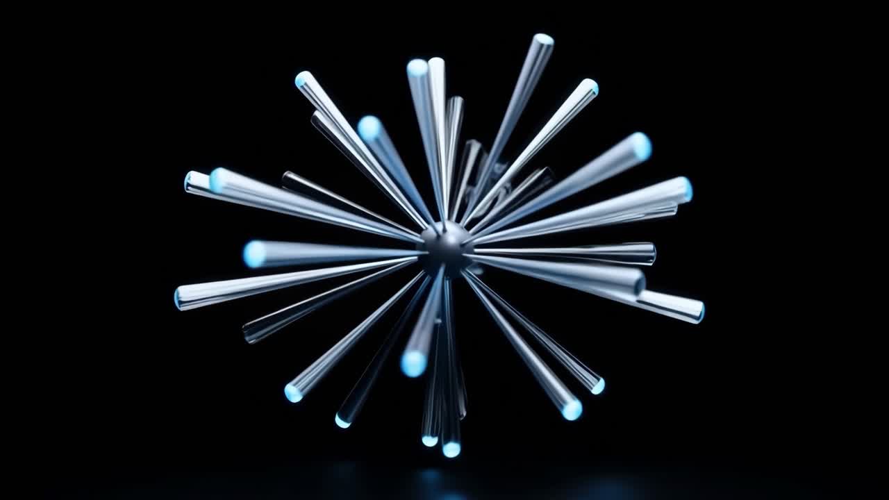 Glow-in-the-dark abstract sculpture. A striking abstract sculpture showcases glowing rods radiating from a central point, creating movement and depth.