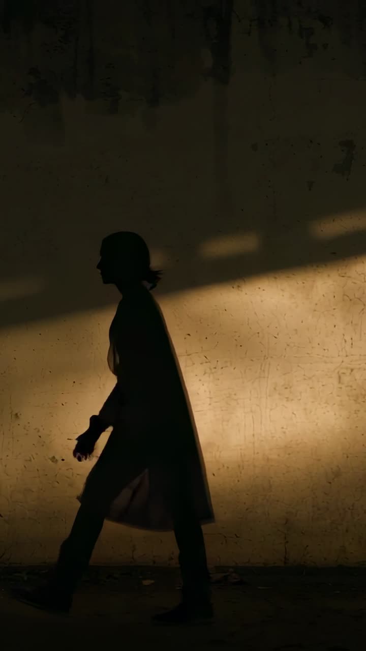 Vertical video: Walking figure in coat entering diagonal light along textured wall, exiting frame