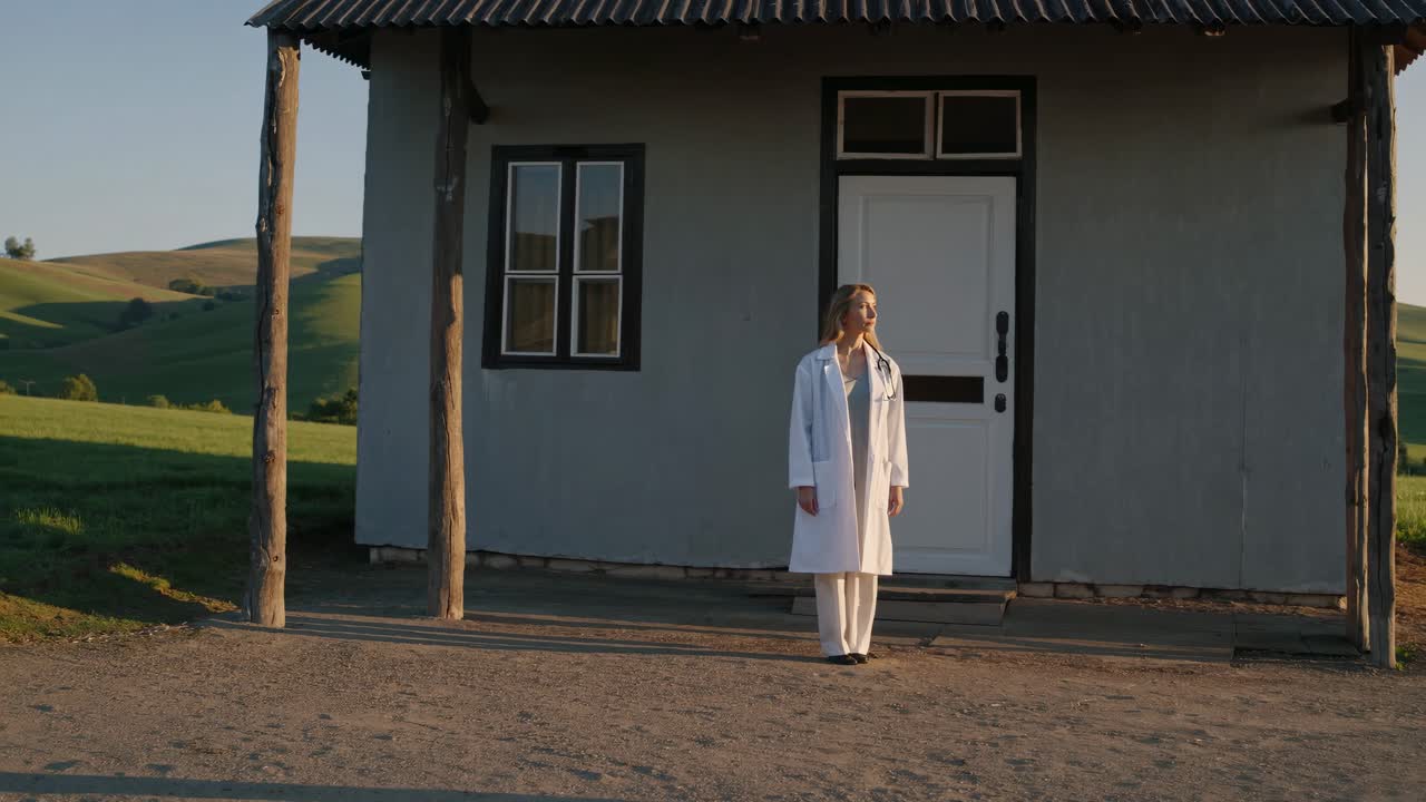 Female doctor stands confidently outside a rural clinic in a serene countryside setting, embodying healthcare accessibility and dedication in remote areas
