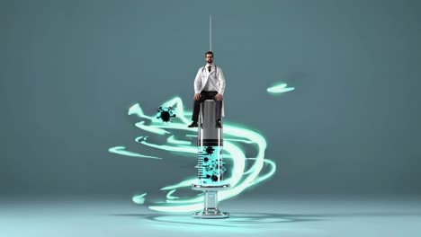 médico sentado en una jeringa - concepto de vacunación