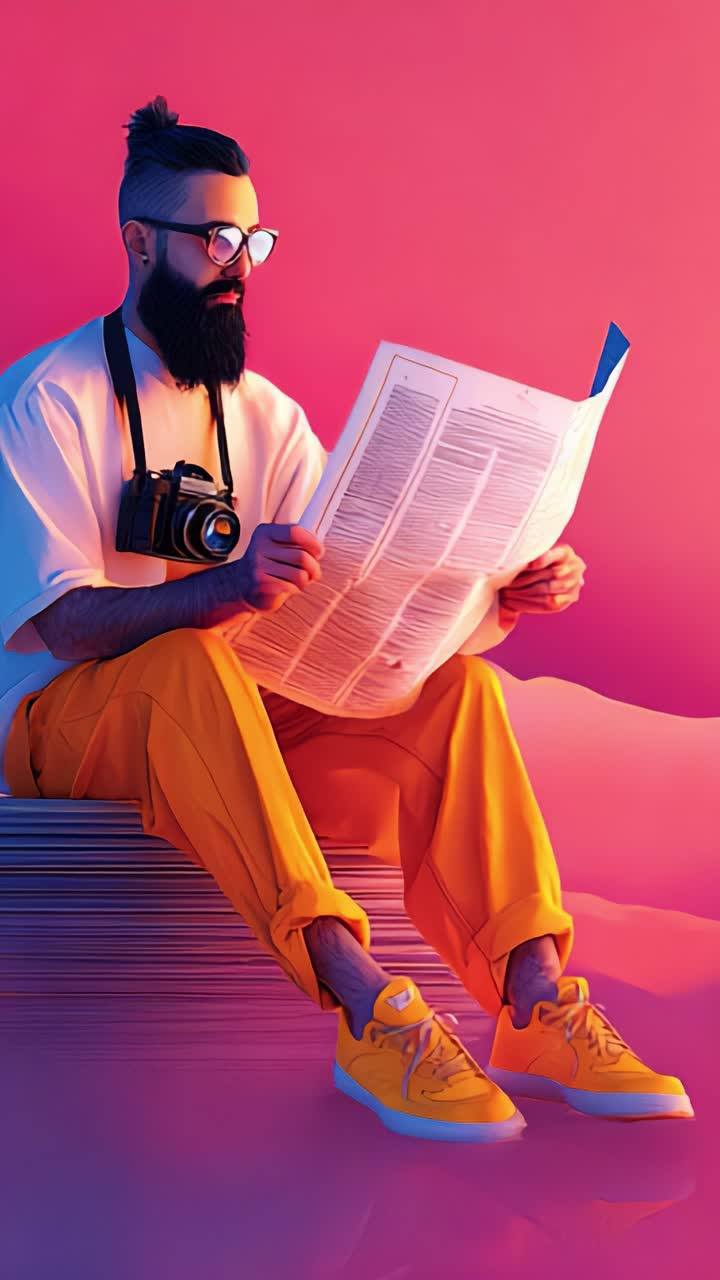 Un uomo che detta tendenza legge le notizie in un ambiente vivace, unendo moda e curiosità, indossa pantaloni giallo brillante e porta con sé una macchina fotografica, catturando momenti di vita