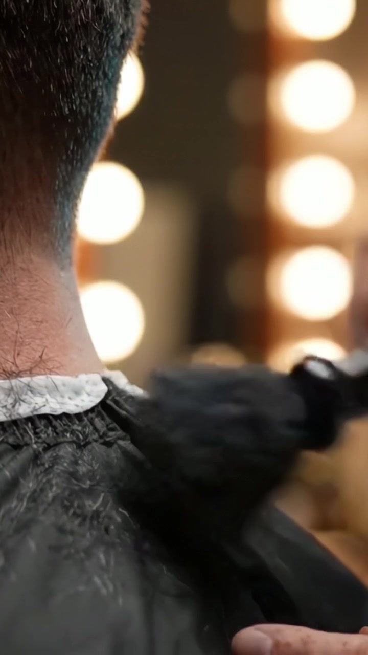 Et nærbillede af en person, der får klippet hår i en barbersalon, der viser fokus på frisørværktøj og afklippet hår under blød belysning.
