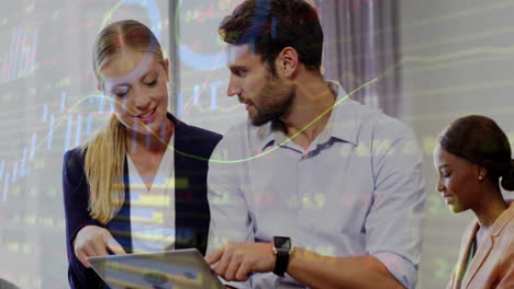 animation of financial data processing over diverse business people in office