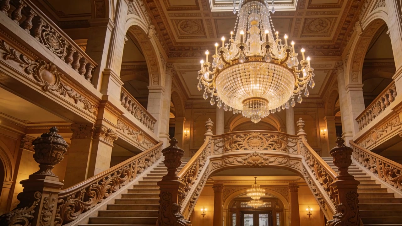 Câmera em movimento revelando uma escadaria dupla e um lustre de cristal no hall de entrada do palácio, mostrando detalhes.