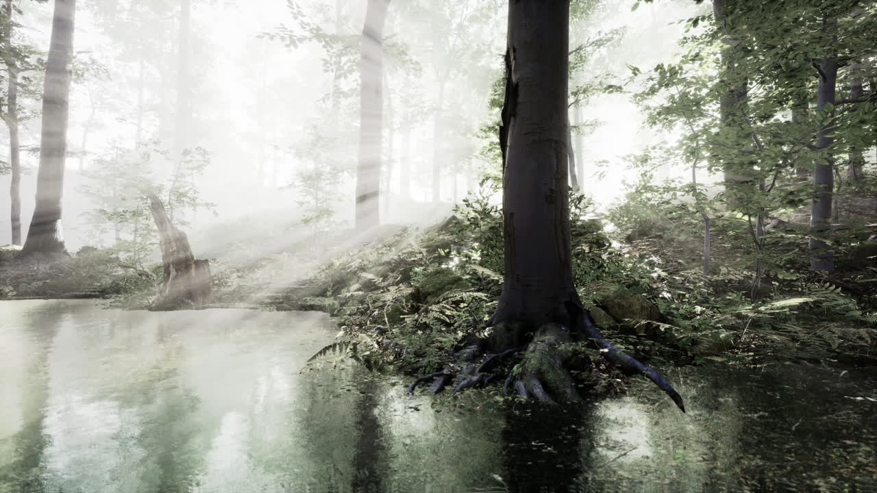 물 속 에 있는 나무 들 을 반영 하는 강 과 함께 숲 의 파노라마