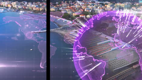 animación del procesamiento de datos y el globo sobre el paisaje de la ciudad