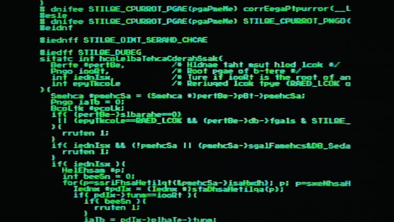 Retro VHS-captured footage of scrambled source code scrolling on computer monitor, chunky 8-bit font. Green text streams create nostalgic programming backdrop for tech and coding projects