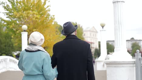 elderly couple walking arm-in-arm in an autumn park