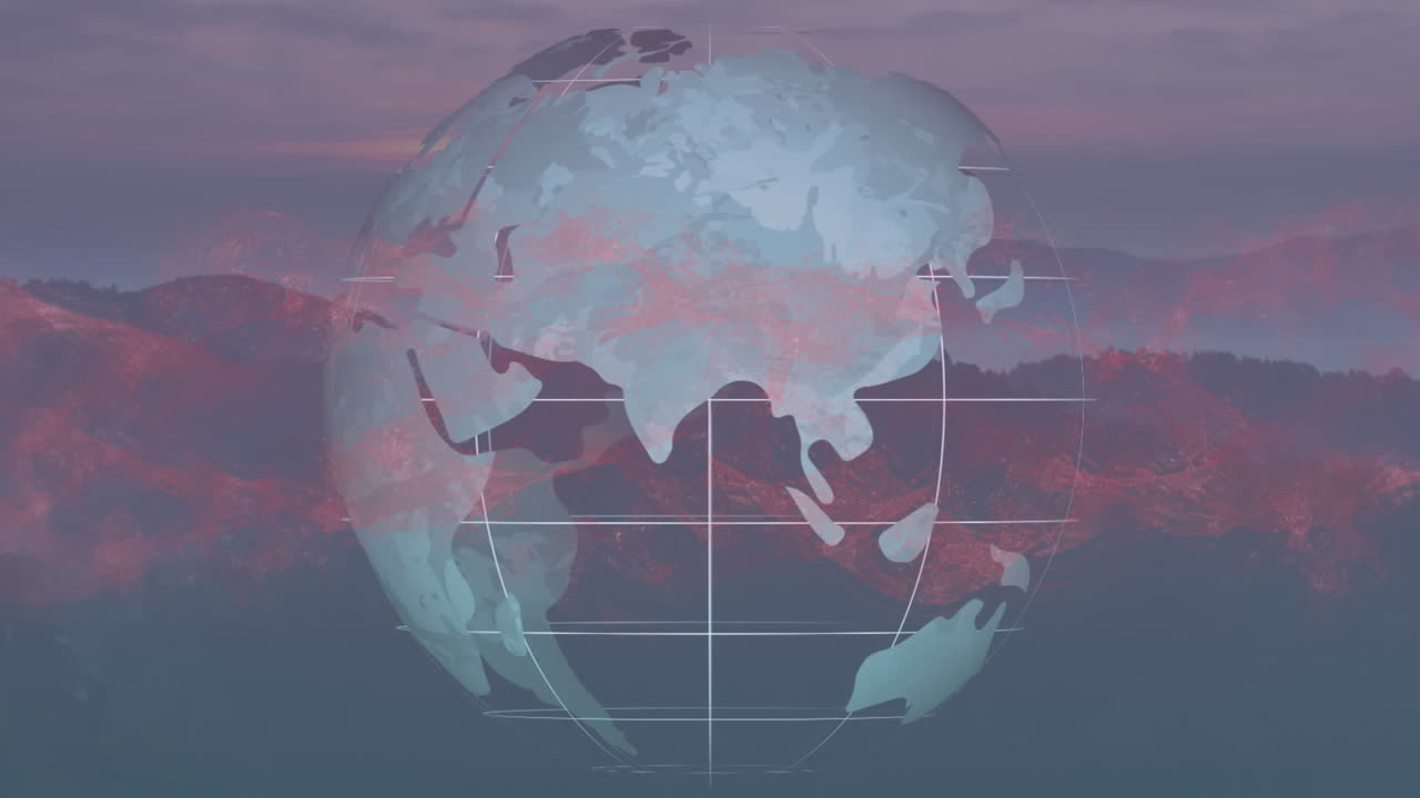 산과 구름진 하늘을 가진 숲의 경치적인 풍경 위에 지구와 추상적인 패턴의 애니메이션