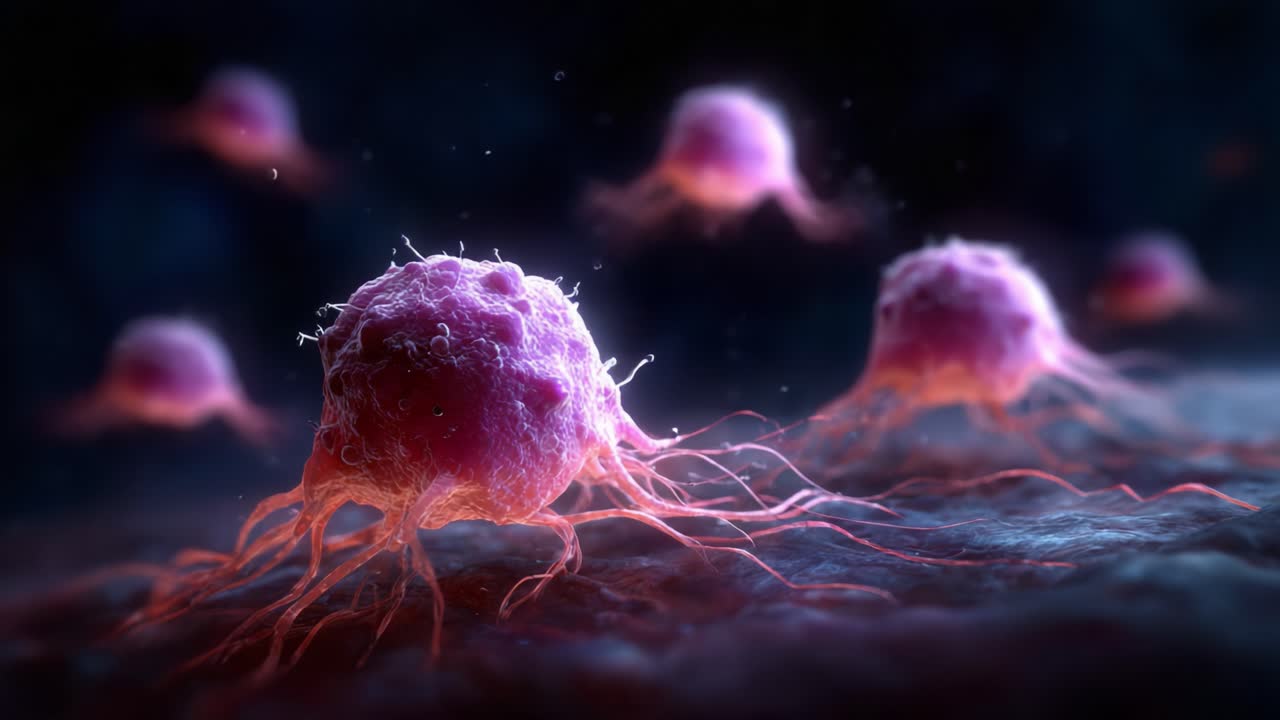 Stunning Visualization of Cancer Cells: A Close-Up of Malignant Growth with Distinct Cellular Structures and Motion, Highlighting Their Unique Characteristics and Movement Patterns