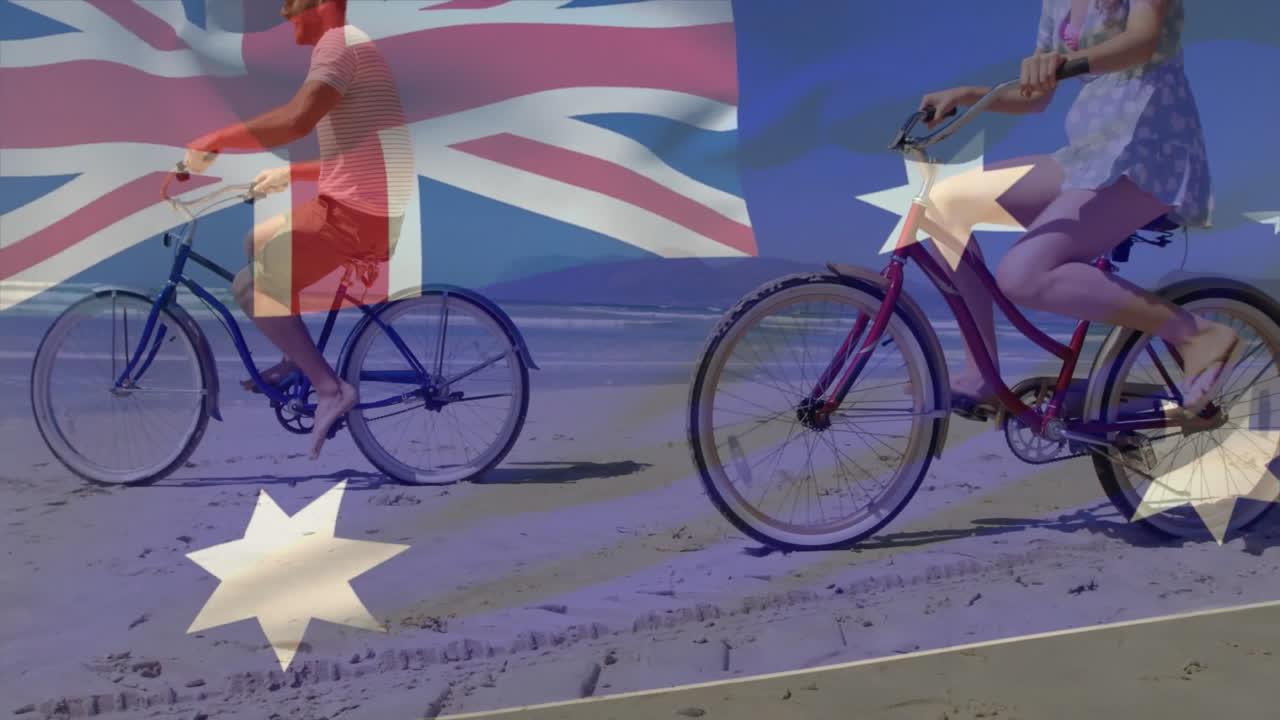 Riding bicycles on beach, people with Australian flag animation overlay