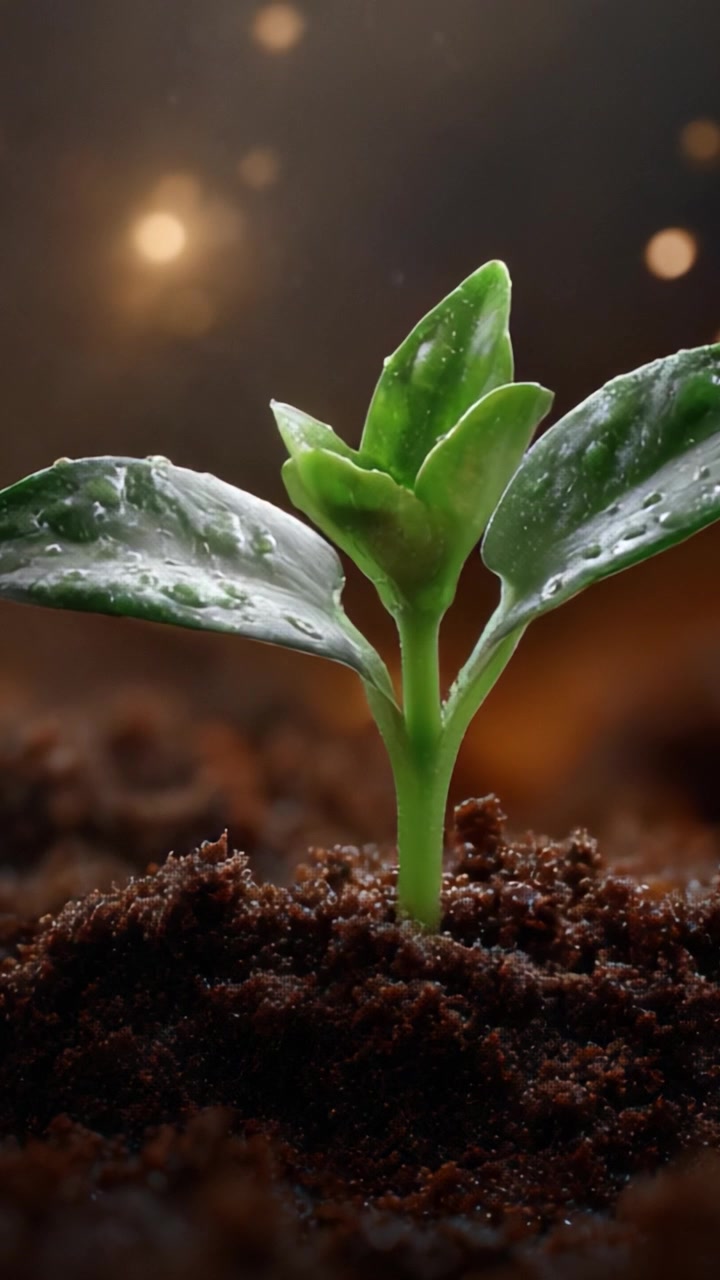 Un germoglio verde fresco emerge da terreno ricco, simboleggiando crescita, rinnovamento e la bellezza del ciclo della natura in un affascinante scorcio di vita che si risveglia