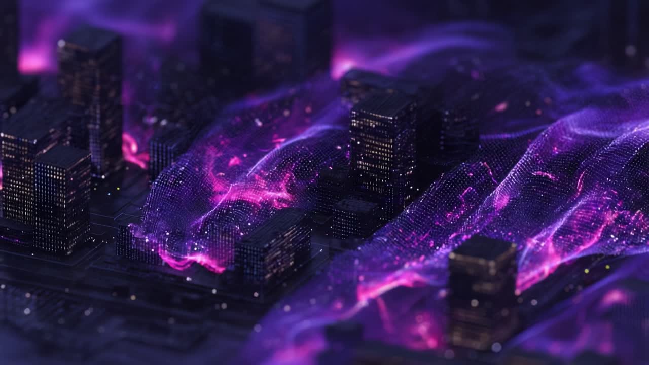 Abstract concept of a smart city with glowing skyscrapers rising from a digital landscape, surrounded by flowing purple energy particles representing big data and information technology