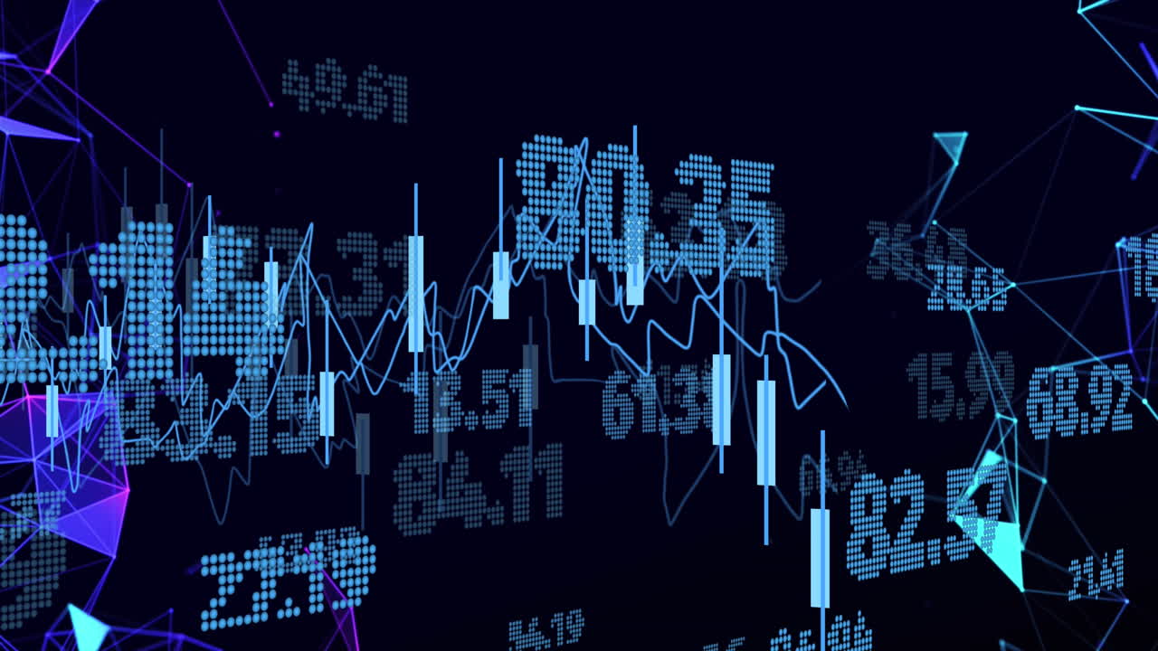 Animation of financial data processing with numbers over black background