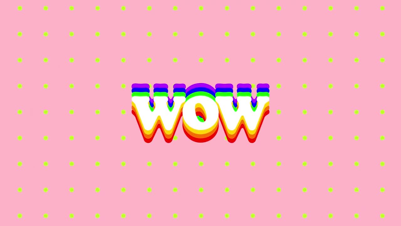 분홍색 배경에 노란색 점 줄에 대하여 와우 텍스트의 디지털 애니메이션