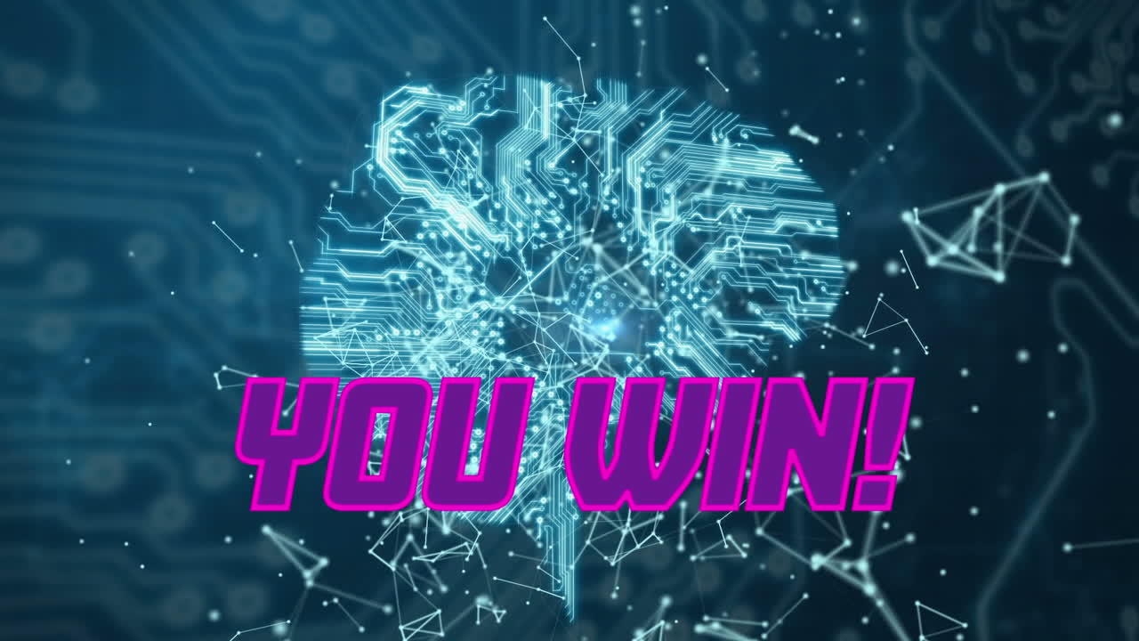 animación de usted ganar sobre circuito integrado y conexiones en fondo verde