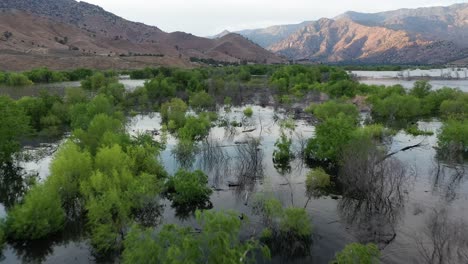 flooded lake isabella kernville california during sunset blue hour with a mountain background and floating flood debris aerial dolly raise