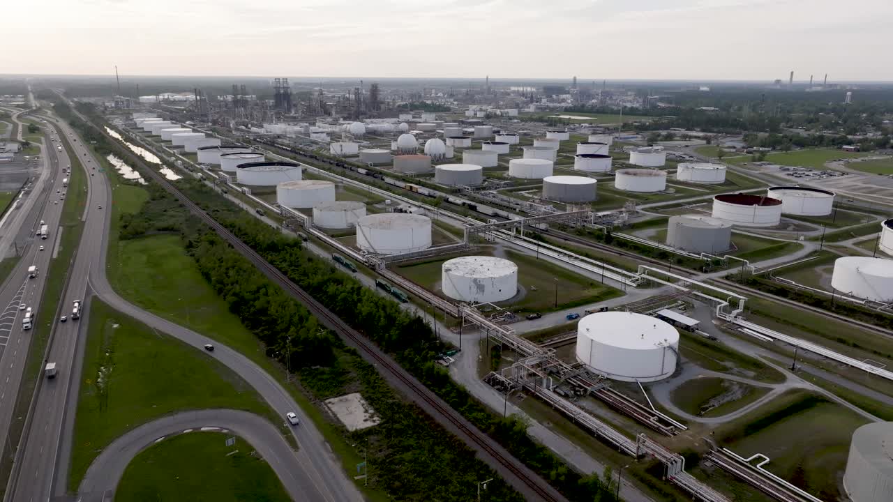 루이지애나 주 찰스 호수에 있는 석유 정유소에서 드론 비디오를 촬영하고 있습니다.