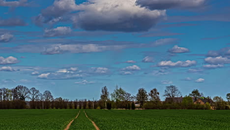 green agriculture fields with tractor lines with majestic cloudscape time lapse above