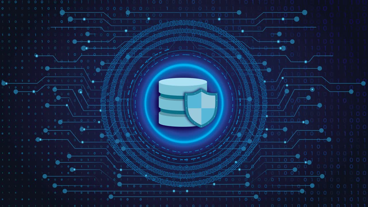 Cybersecurity, Secure Database, Encrypted Storage, IaaS, PaaS, SaaS Concept Shown with Database Icon and a Security Shield for Protection and Privacy