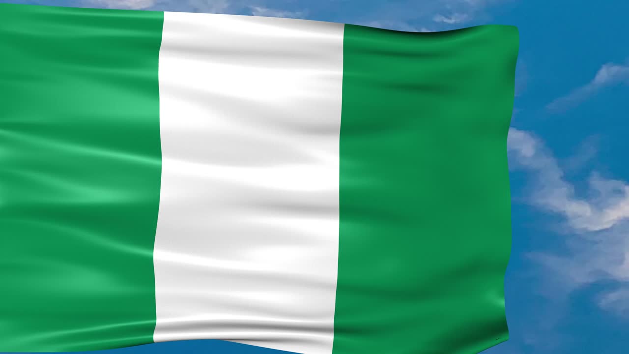 Videoanimation af Nigerias flag, der blafrer i vinden på en blå himmelbaggrund
