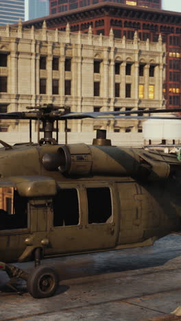 military helicopter in a city