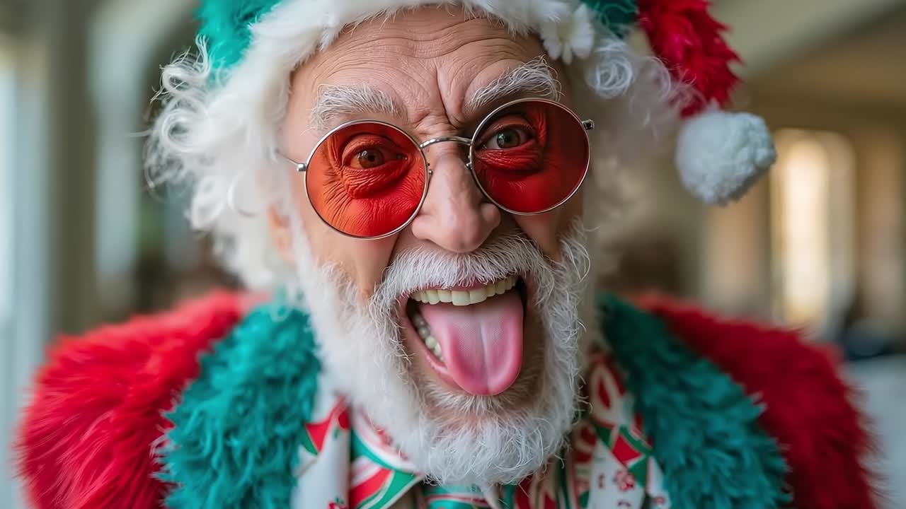A man dressed as Santa Claus wearing red sunglasses and a santa hat