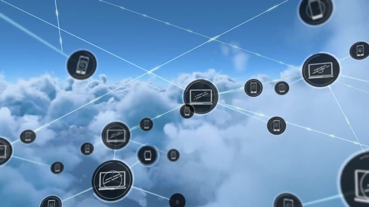 Animations of network of connections with icons over blue cloudy sky