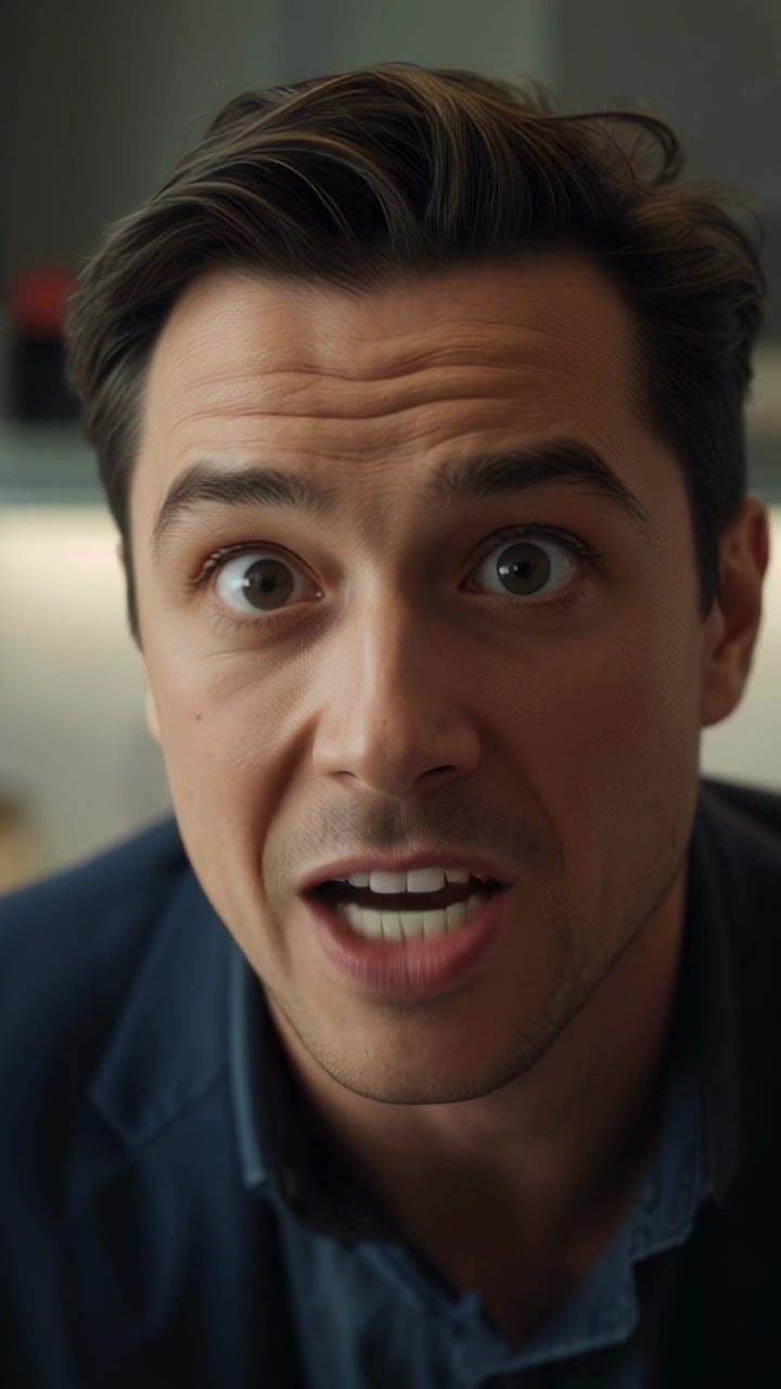 Video verticale: Uomo appoggiato che pronuncia una frase enfatica in cucina, blazer scuro, camicia blu