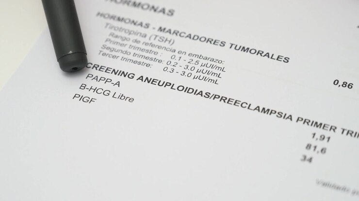 Close up of person marking tsh papp-a and hcg hormone test results on paper