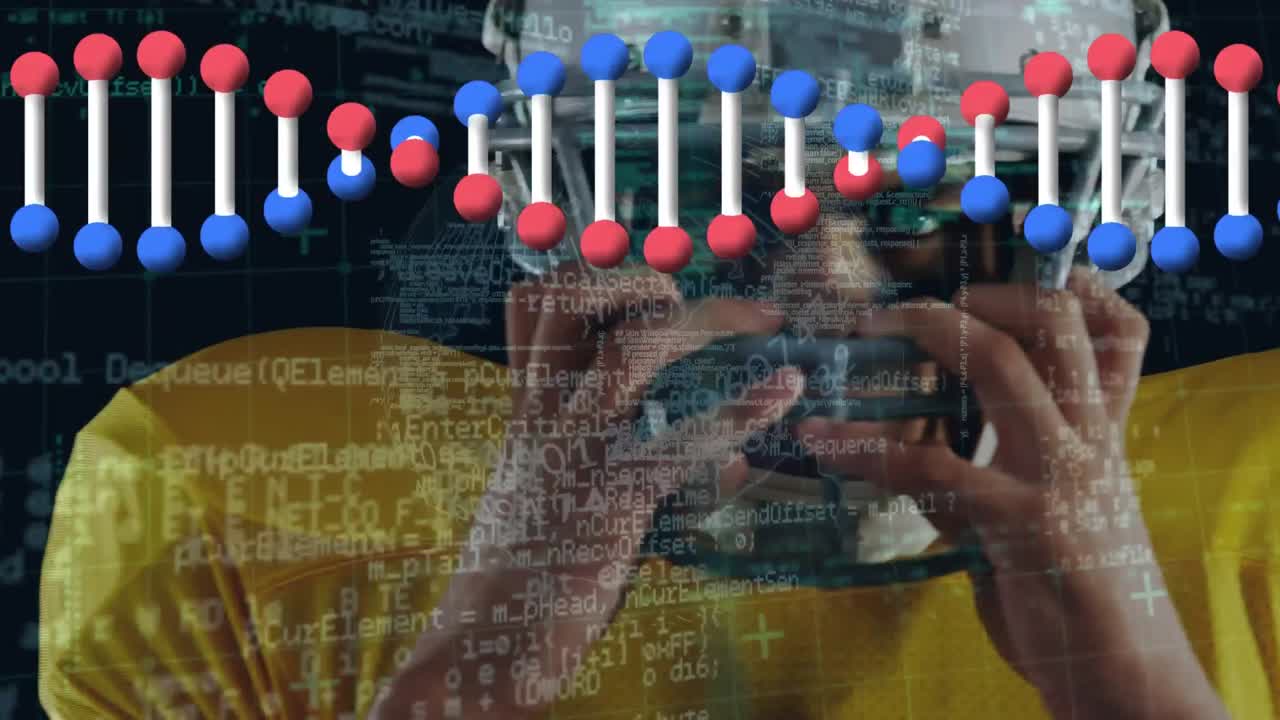 animación de un jugador de rugby masculino caucásico y cadena de adn sobre el procesamiento de datos