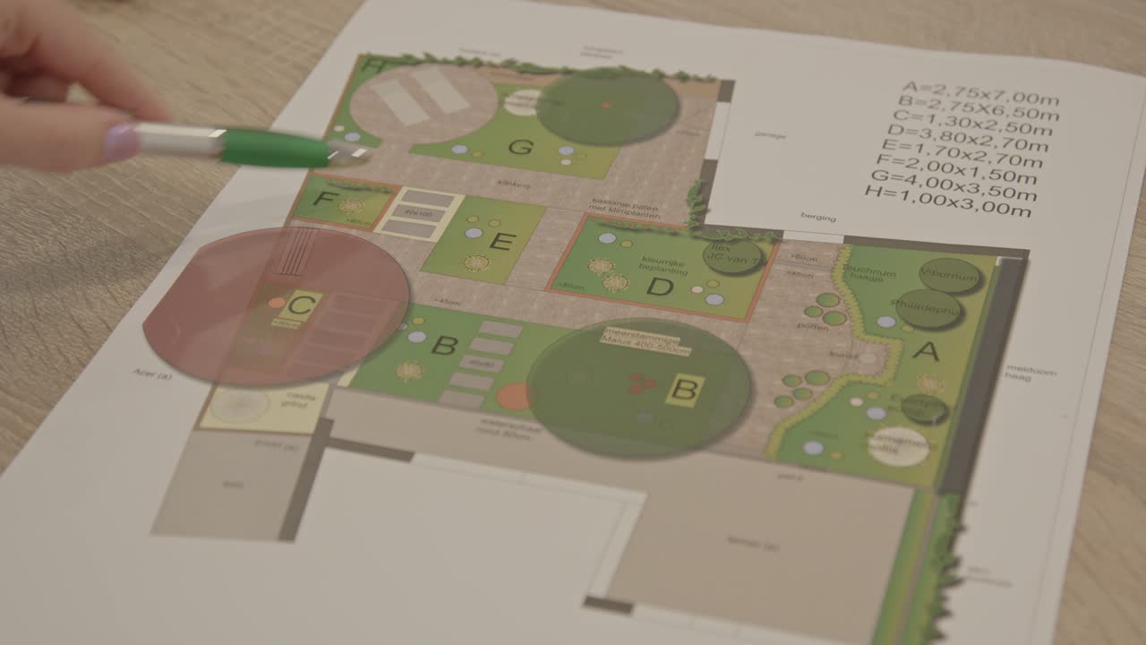 un plan de jardín con varios detalles señalados por un bolígrafo sostenido por una mano femenina - estante de enfoque cercano