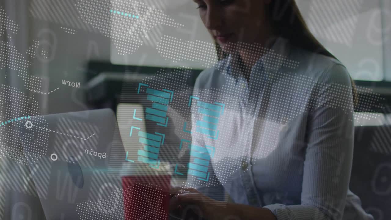 woman tapping smartphone, analyzing data on laptop at desk, with world map overlay and teal blocks