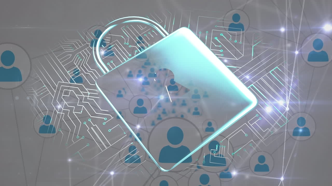 animación del candado y la red de conexiones con los iconos de las personas