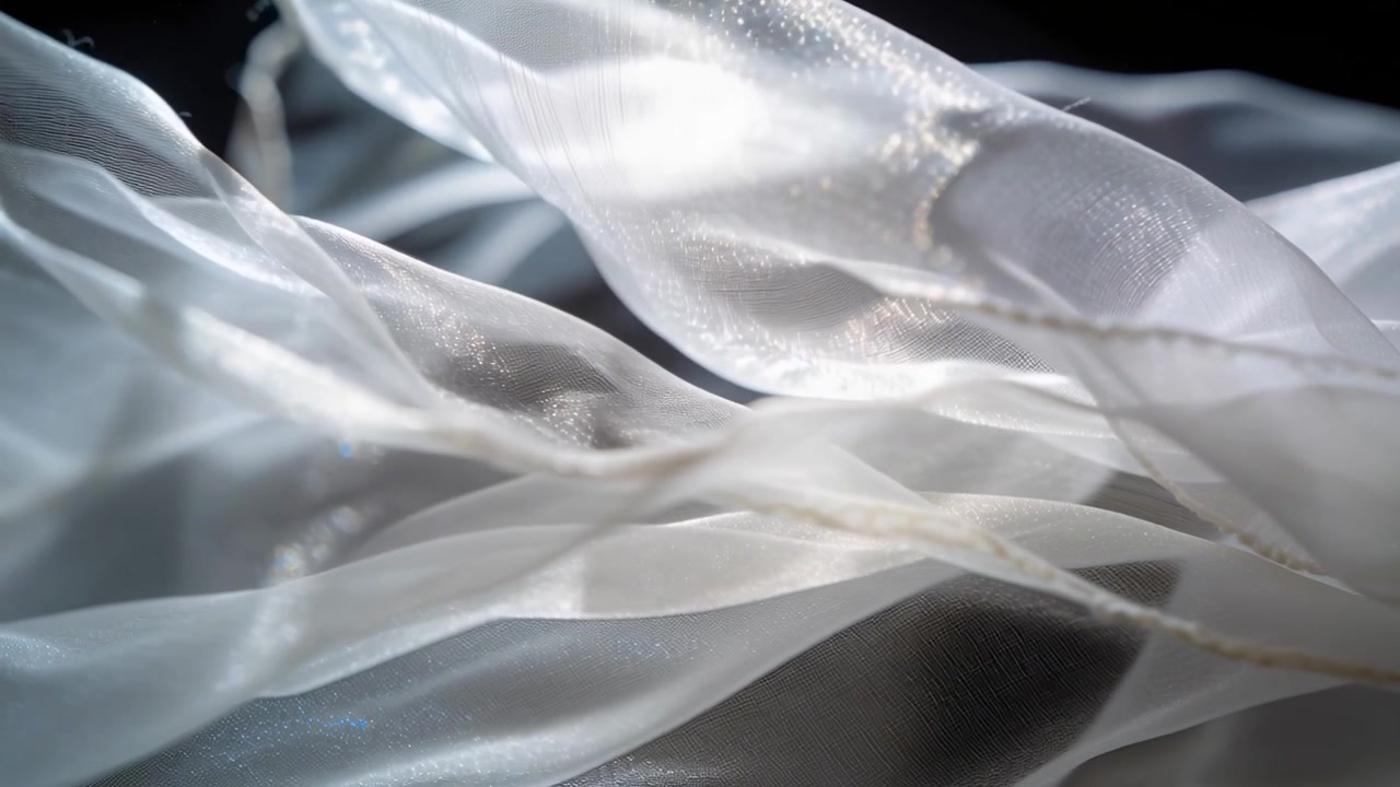 Tissu transparent ondulant sous la brise d'un ventilateur dans un studio, rétroéclairé pour révéler les bords cousus et les paillettes.
