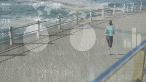 animation of statistical data processing against aerial view of fit woman running on the promenade