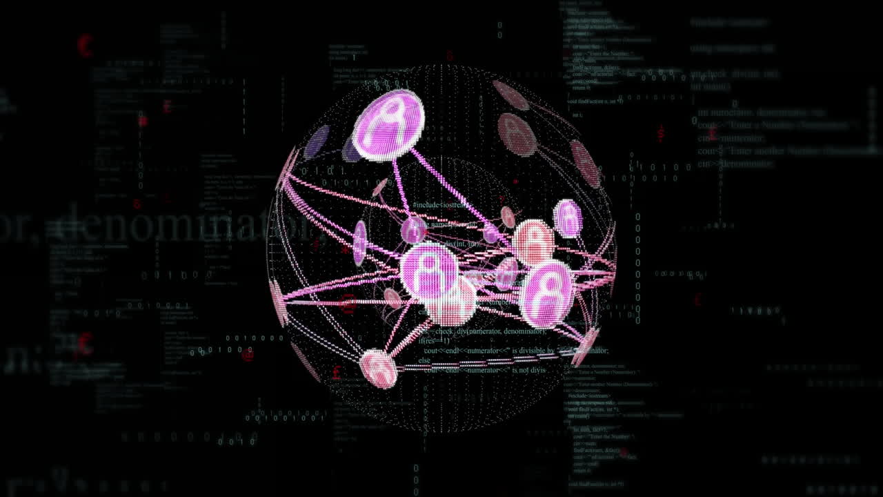 Animation of digital data processing over globe of connections with people icons