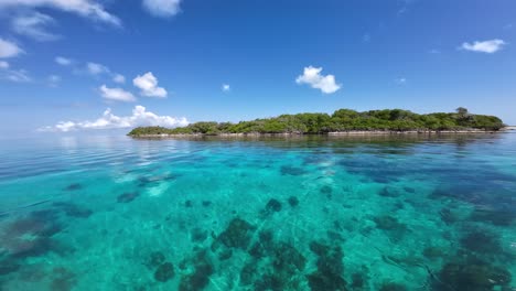 crystal clear turquoise waters near a tropical isle, with lush greenery under a sunny sky, serene ambience