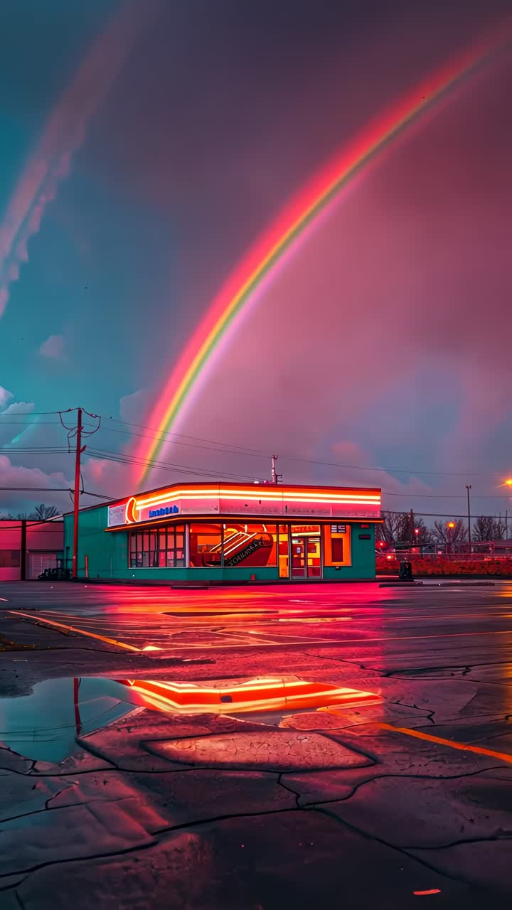 Vibrant neon-lit diner under a double rainbow at dusk, captured from a low angle