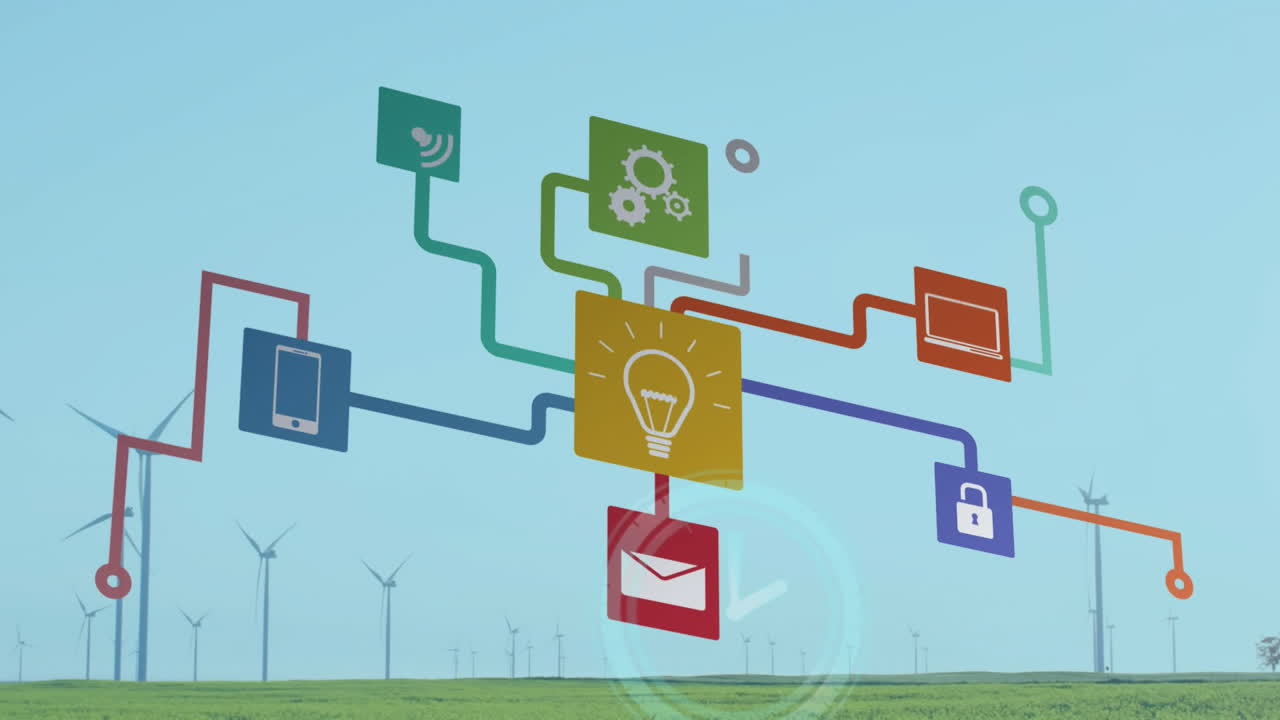 Icons representing technology and communication animation over wind turbines in green field