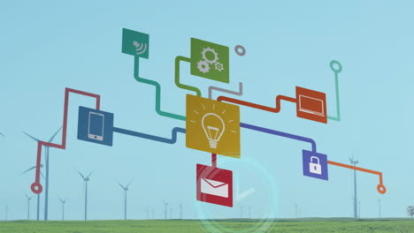 icons representing technology and communication animation over wind turbines in green field